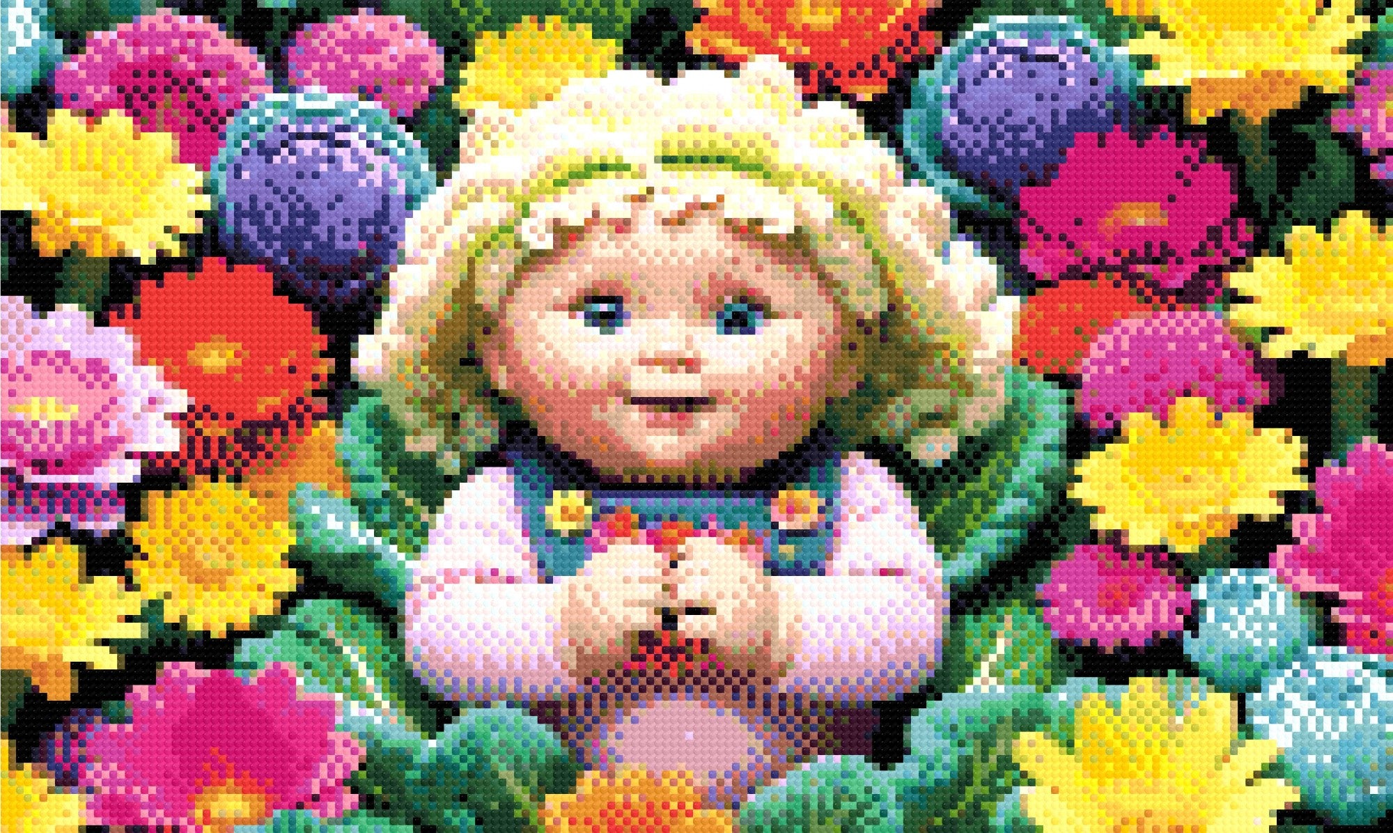 A Diamond Painting Rendering Of A Doll With Blonde Curly Hair And Bright Blue Eyes Lies Surrounded By Colourful Flowers In A Playful Garden Scene. Size - 50cm X 30cm
