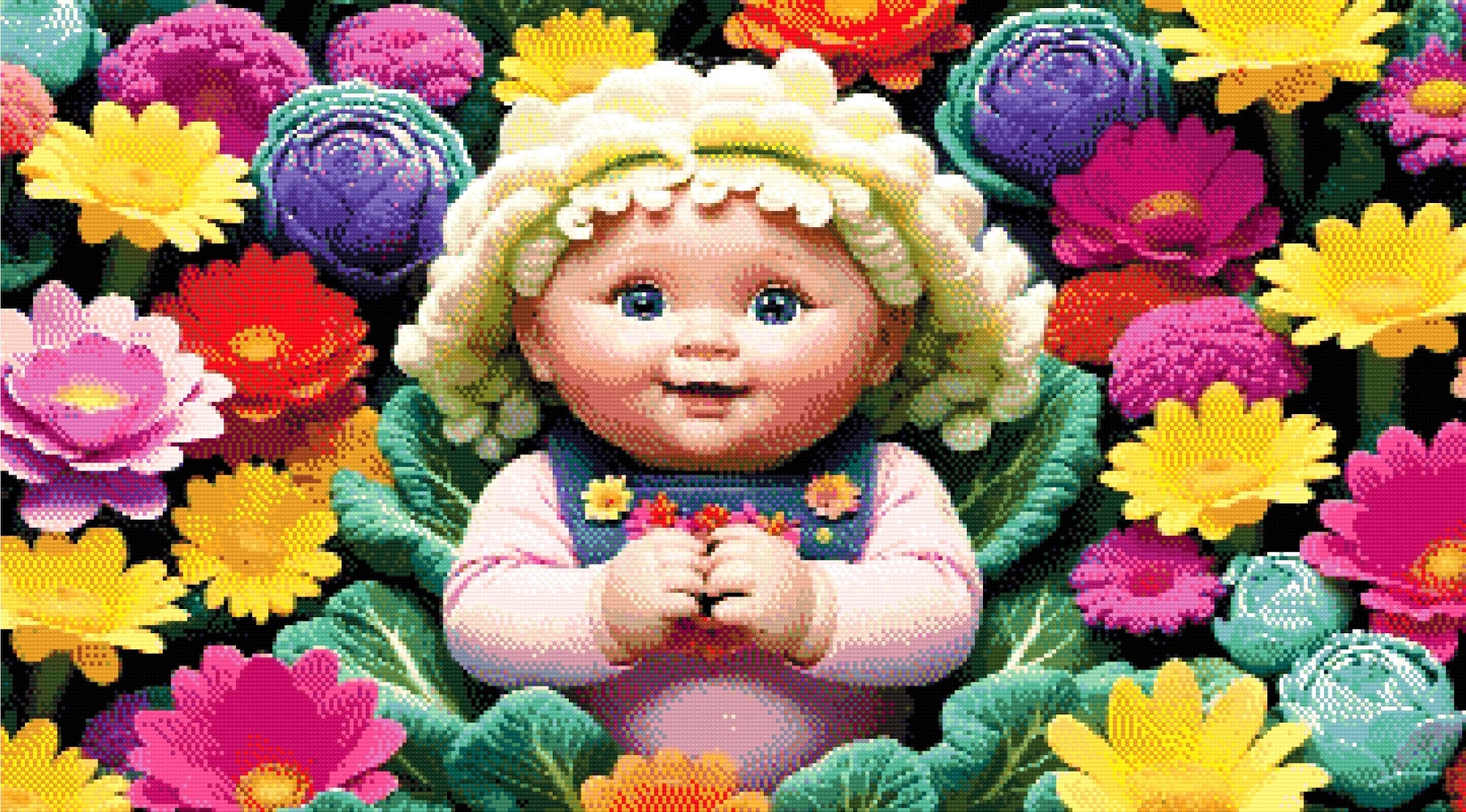 A Diamond Painting Rendering Of A Doll With Blonde Curly Hair And Bright Blue Eyes Lies Surrounded By Colourful Flowers In A Playful Garden Scene. Size - 90cm X 50cm