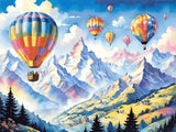 A Diamond Painting Rendering Of Colourful Hot Air Balloons Floating Over A Mountain Landscape With Snow-capped Peaks And Green Rolling Hills. Size - 120cm X 90cm