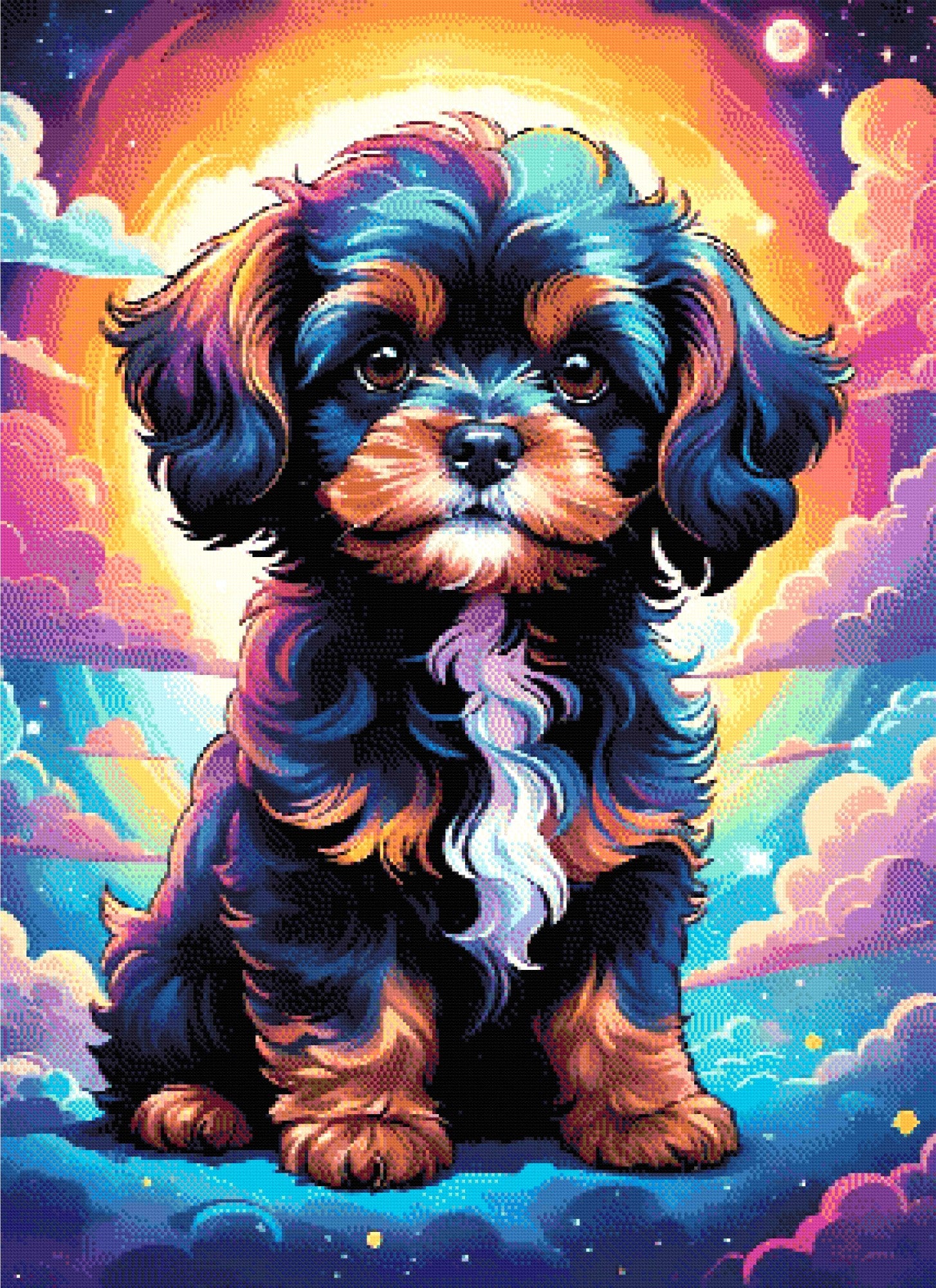 A Diamond Painting Rendering Of A Fluffy Dog With Blue, Orange, And White Fur Sits Against A Colourful Cosmic Background With Swirling Clouds And Stars. Size - 80cm X 110cm