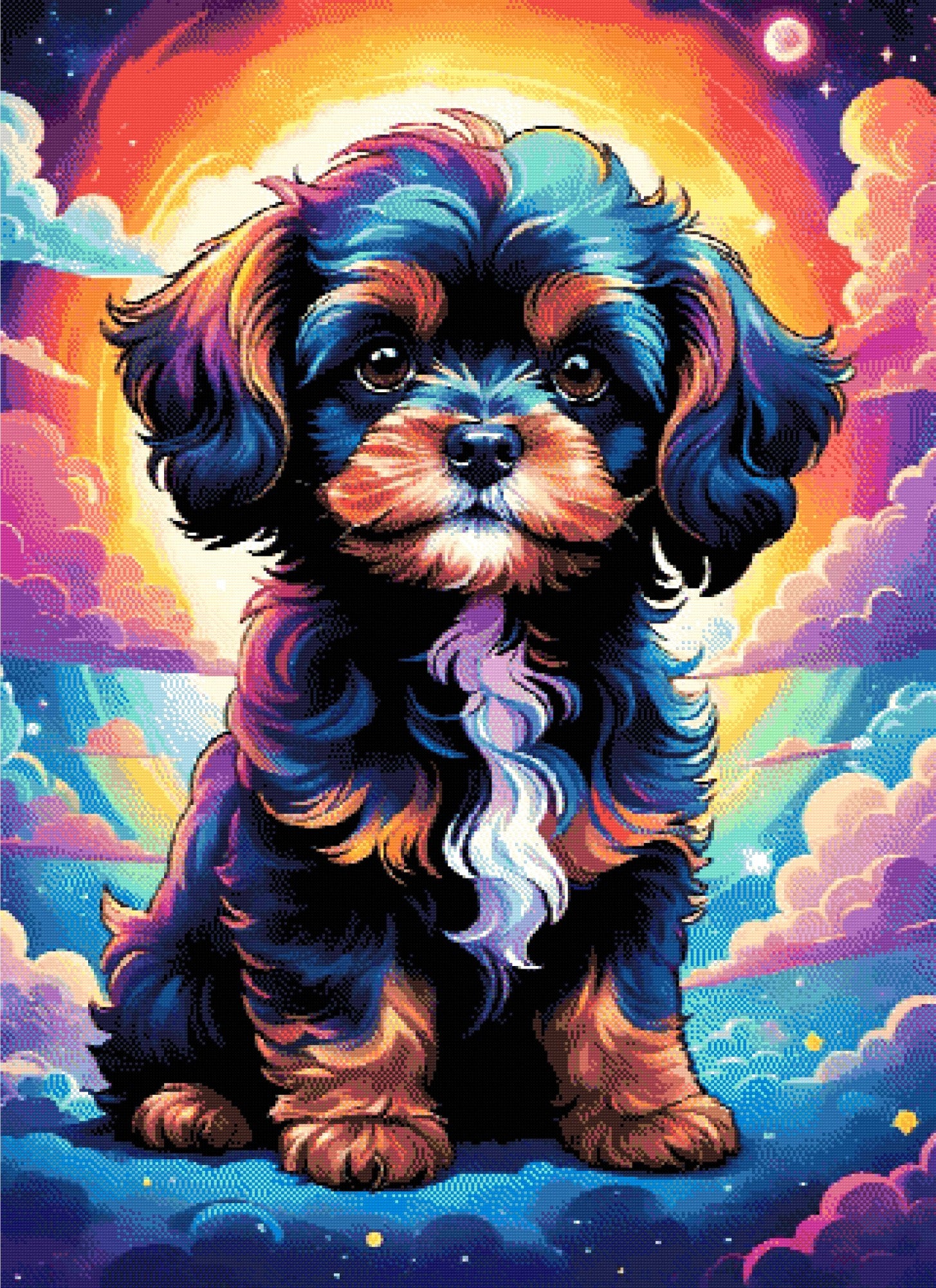 A Diamond Painting Rendering Of A Fluffy Dog With Blue, Orange, And White Fur Sits Against A Colourful Cosmic Background With Swirling Clouds And Stars. Size - 80cm X 110cm