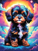 A Diamond Painting Rendering Of A Fluffy Dog With Blue, Orange, And White Fur Sits Against A Colourful Cosmic Background With Swirling Clouds And Stars. Size - 90cm X 120cm