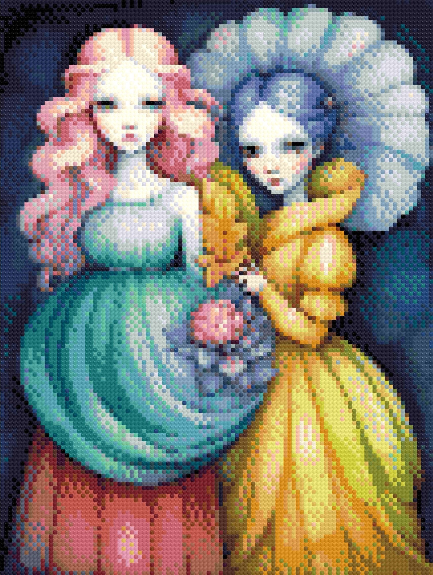 A Diamond Painting Rendering Of Two Ethereal Figures With Pink And Blue Hair, Wearing Flowing Gowns, Stand Together Holding Flowers Against A Dark Background. Size - 30cm X 40cm
