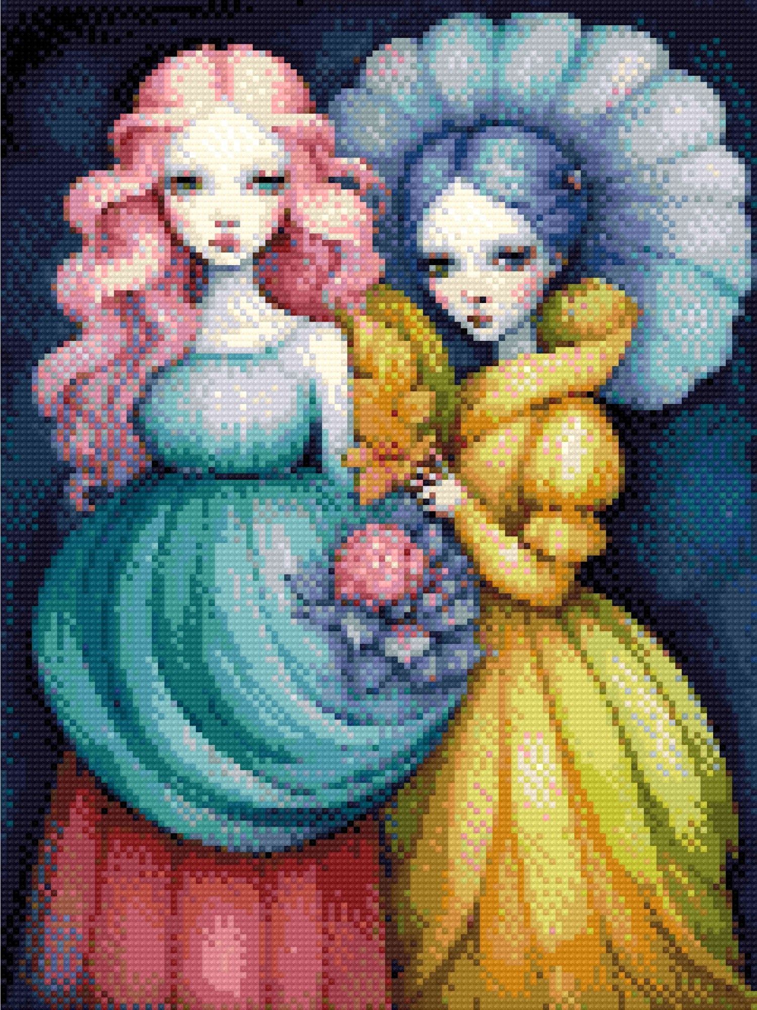 A Diamond Painting Rendering Of Two Ethereal Figures With Pink And Blue Hair, Wearing Flowing Gowns, Stand Together Holding Flowers Against A Dark Background. Size - 30cm X 40cm