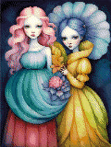 A Diamond Painting Rendering Of Two Ethereal Figures With Pink And Blue Hair, Wearing Flowing Gowns, Stand Together Holding Flowers Against A Dark Background. Size - 30cm X 40cm