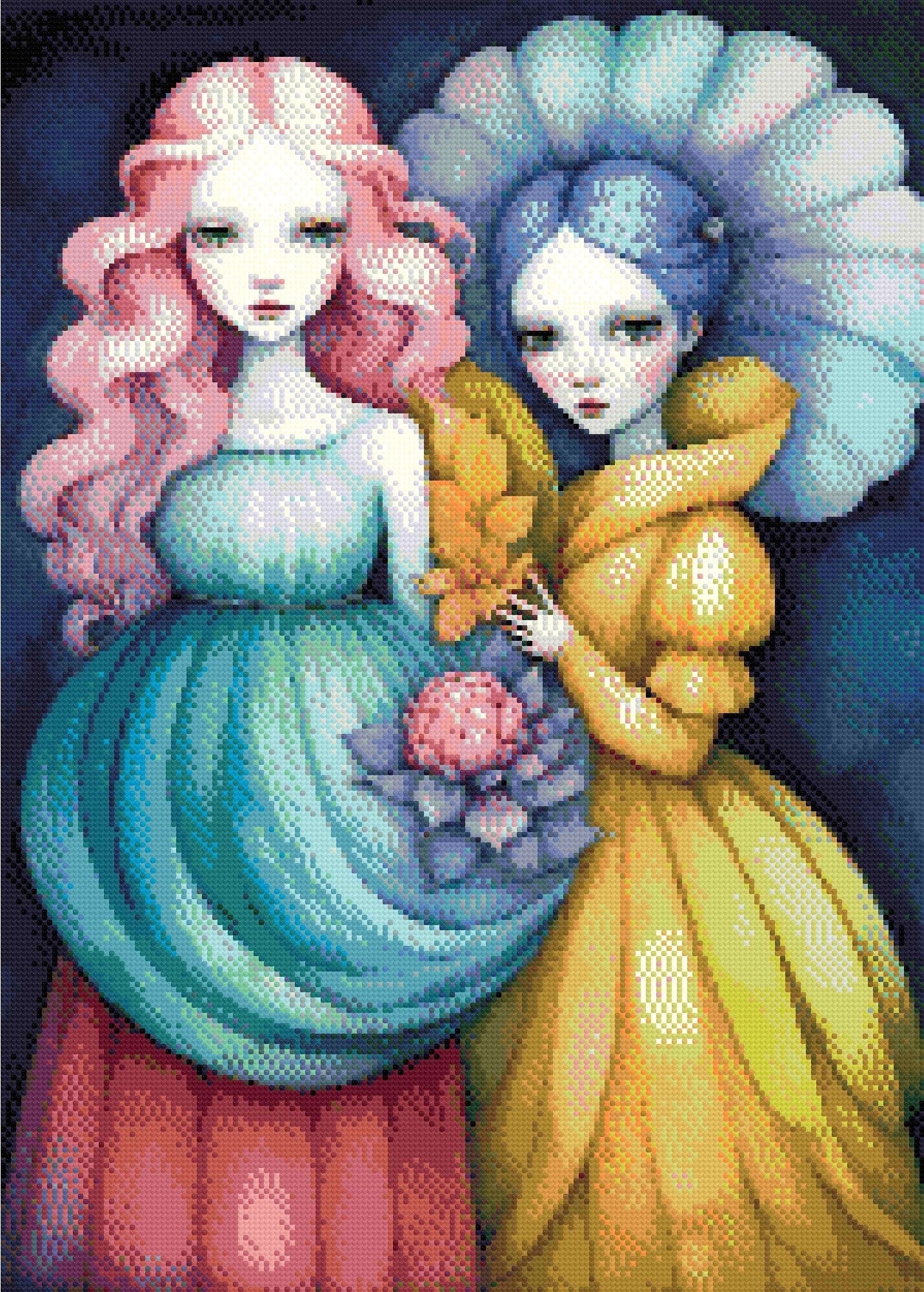 A Diamond Painting Rendering Of Two Ethereal Figures With Pink And Blue Hair, Wearing Flowing Gowns, Stand Together Holding Flowers Against A Dark Background. Size - 50cm X 70cm