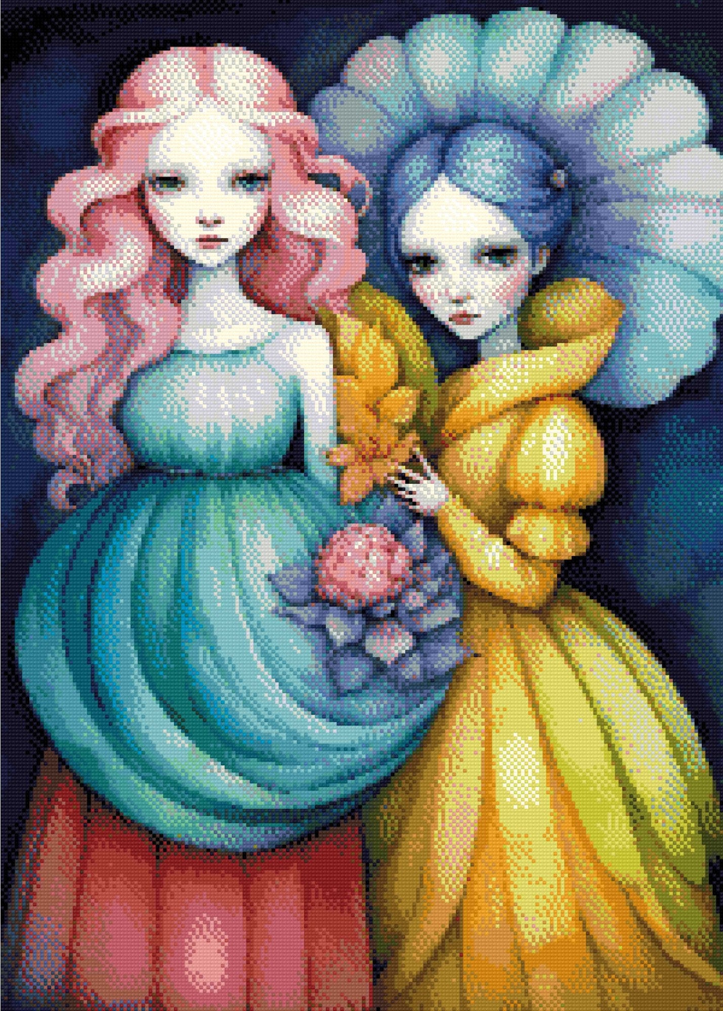 A Diamond Painting Rendering Of Two Ethereal Figures With Pink And Blue Hair, Wearing Flowing Gowns, Stand Together Holding Flowers Against A Dark Background. Size - 50cm X 70cm