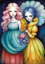 A Diamond Painting Rendering Of Two Ethereal Figures With Pink And Blue Hair, Wearing Flowing Gowns, Stand Together Holding Flowers Against A Dark Background. Size - 50cm X 70cm