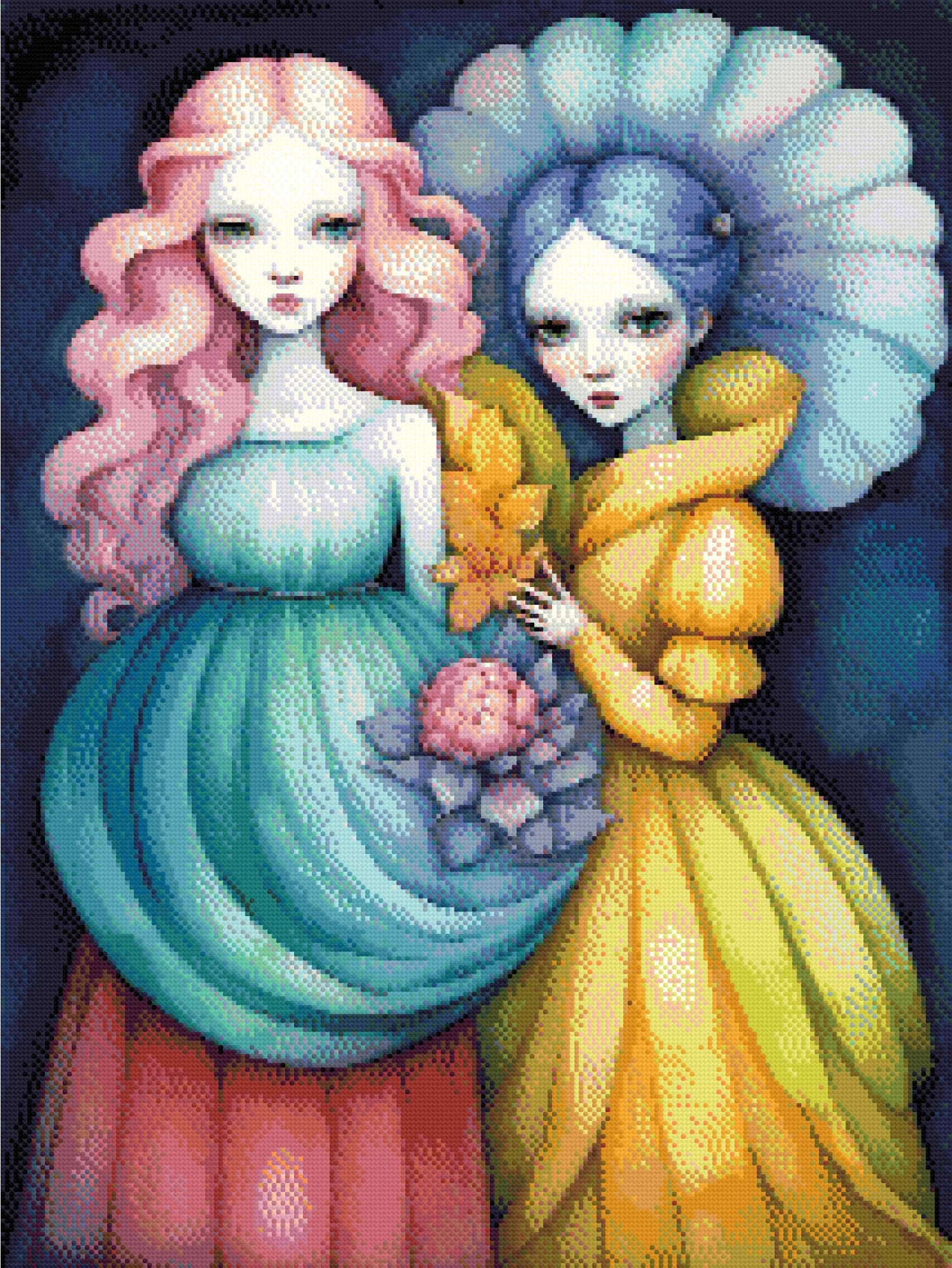 A Diamond Painting Rendering Of Two Ethereal Figures With Pink And Blue Hair, Wearing Flowing Gowns, Stand Together Holding Flowers Against A Dark Background. Size - 60cm X 80cm