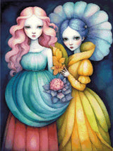 A Diamond Painting Rendering Of Two Ethereal Figures With Pink And Blue Hair, Wearing Flowing Gowns, Stand Together Holding Flowers Against A Dark Background.. Size - 30cm X 40cm