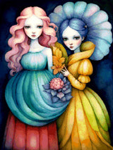 A Diamond Painting Rendering Of Two Ethereal Figures With Pink And Blue Hair, Wearing Flowing Gowns, Stand Together Holding Flowers Against A Dark Background. Size - 60cm X 80cm
