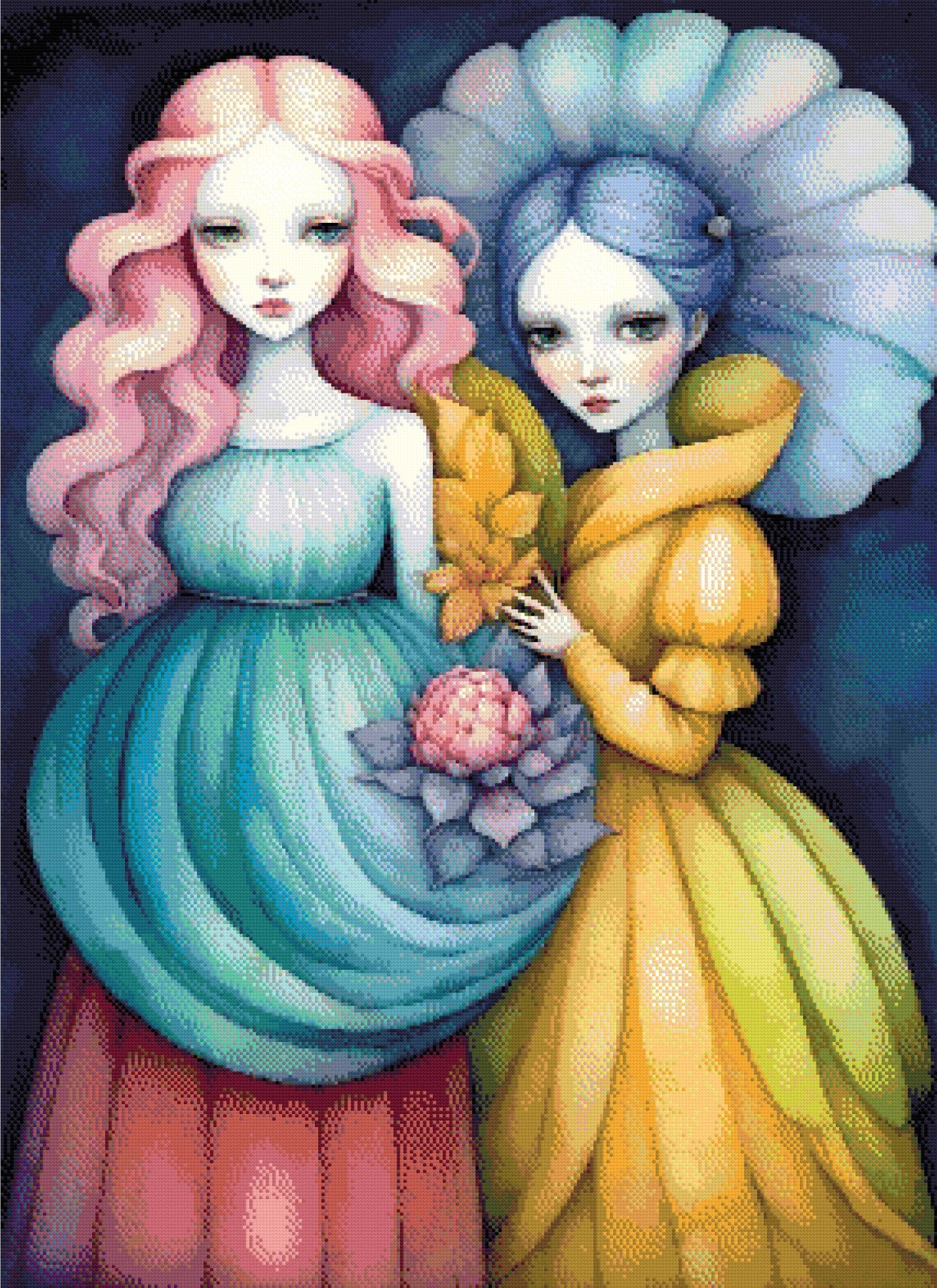 A Diamond Painting Rendering Of Two Ethereal Figures With Pink And Blue Hair, Wearing Flowing Gowns, Stand Together Holding Flowers Against A Dark Background. Size - 80cm X 110cm