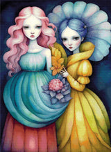 A Diamond Painting Rendering Of Two Ethereal Figures With Pink And Blue Hair, Wearing Flowing Gowns, Stand Together Holding Flowers Against A Dark Background. Size - 80cm X 110cm