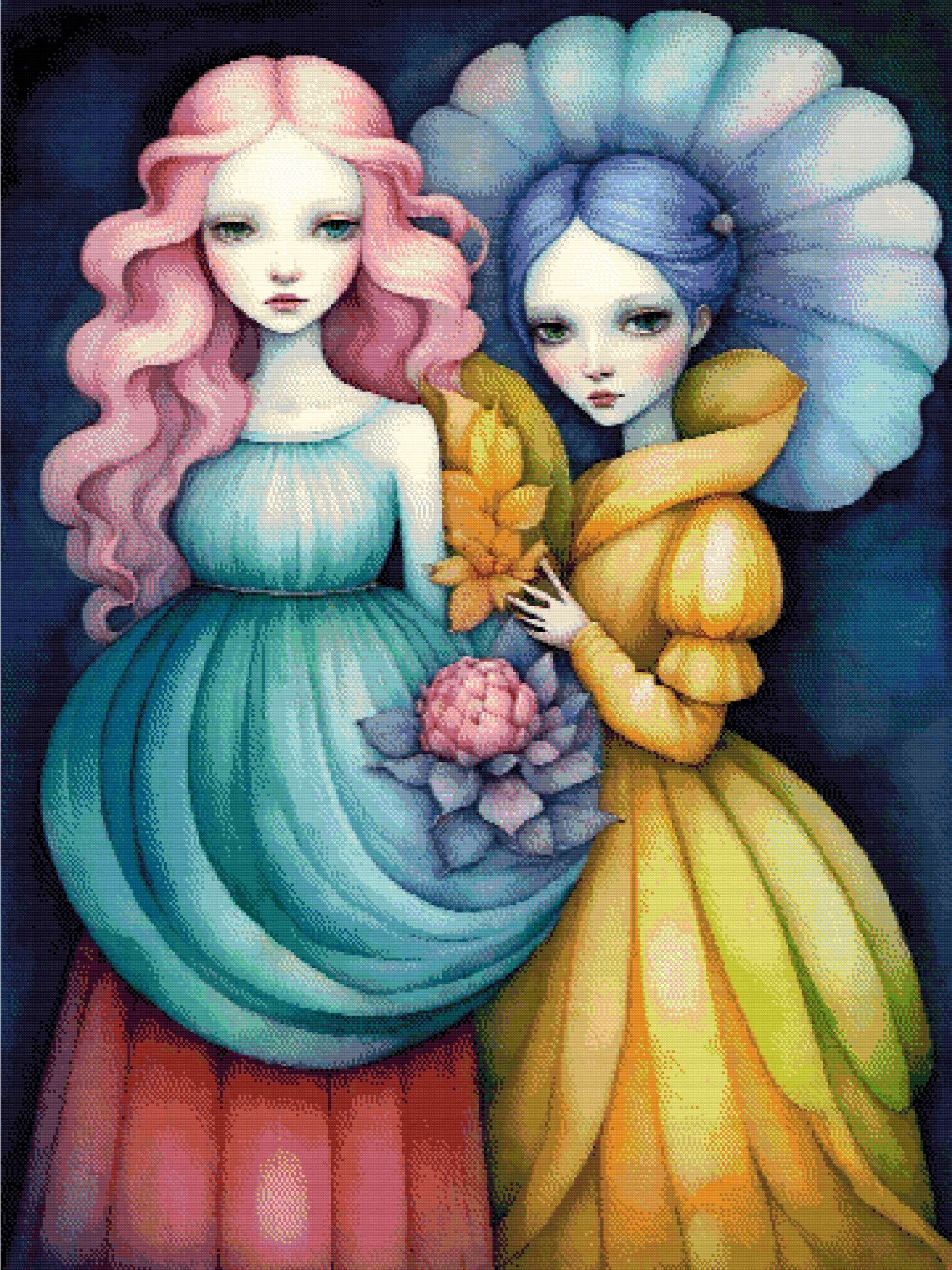 A Diamond Painting Rendering Of Two Ethereal Figures With Pink And Blue Hair, Wearing Flowing Gowns, Stand Together Holding Flowers Against A Dark Background. Size - 90cm X 120cm