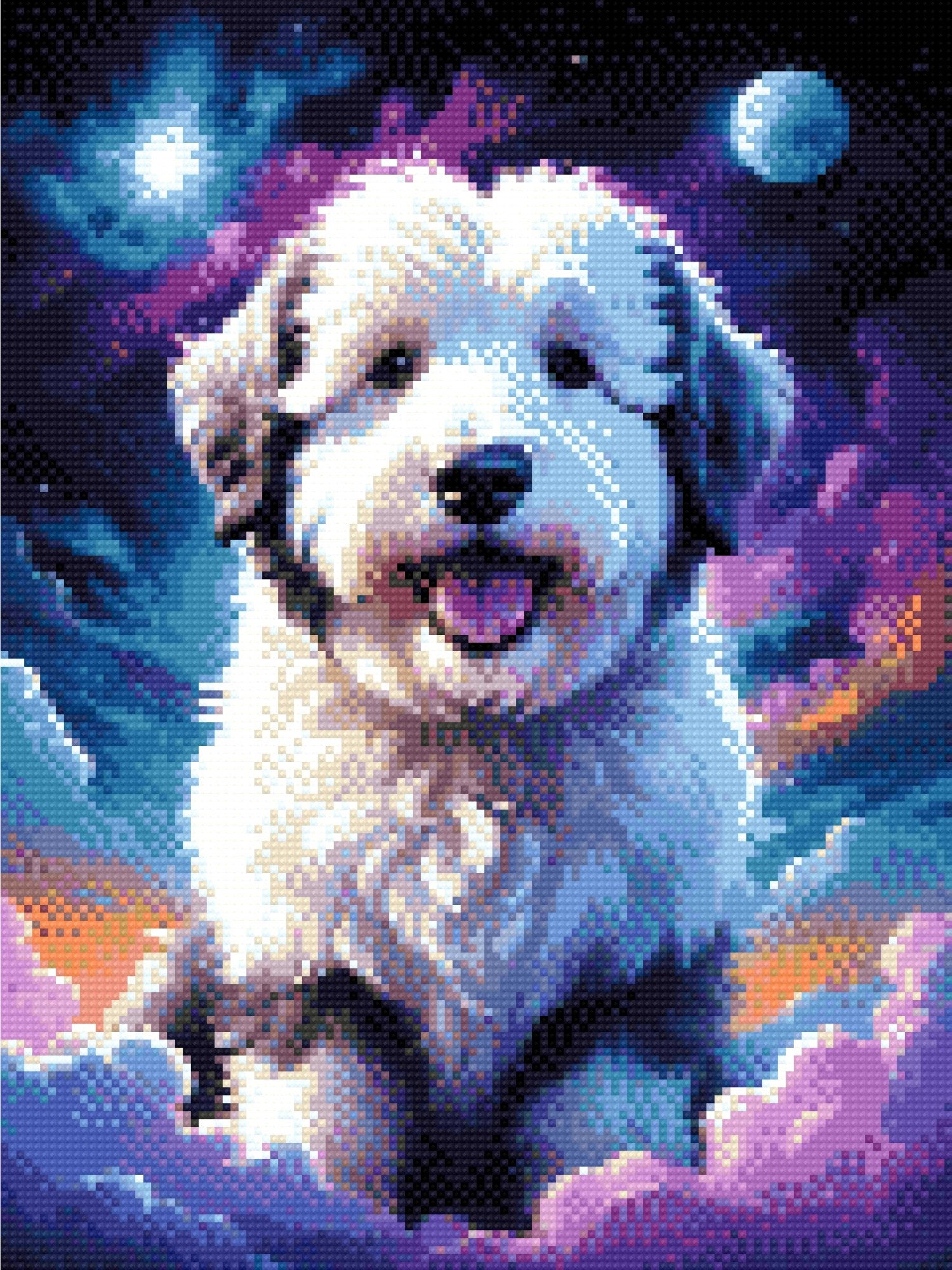 A Diamond Painting Rendering Of Fluffy Dog Sitting Amidst Colourful Clouds And A Starry Sky With A Moon In The Background. Size - 30cm X 40cm