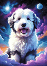 A Diamond Painting Rendering Of Fluffy Dog Sitting Amidst Colourful Clouds And A Starry Sky With A Moon In The Background. Size - 50cm X 70cm