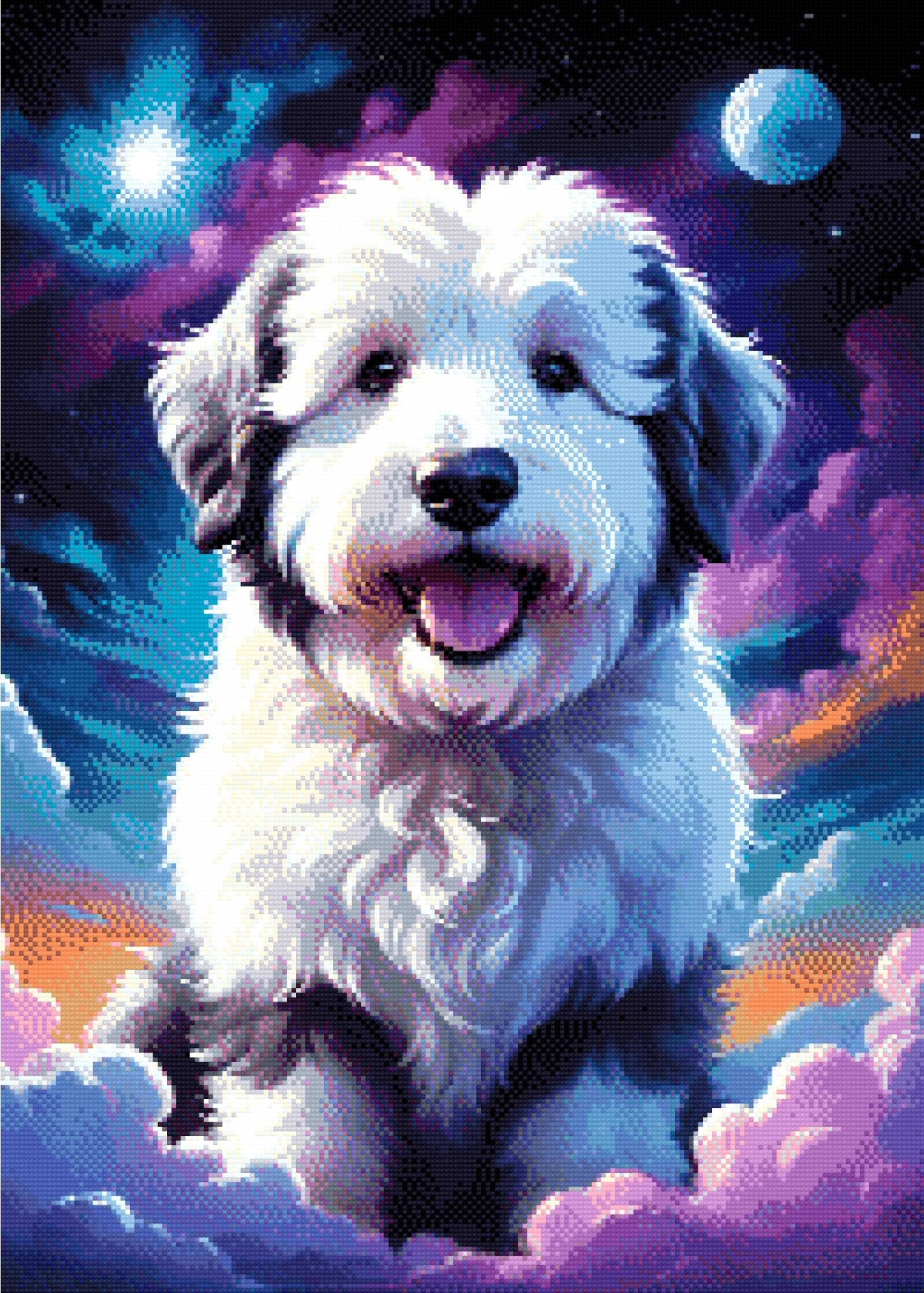 A Diamond Painting Rendering Of Fluffy Dog Sitting Amidst Colourful Clouds And A Starry Sky With A Moon In The Background. Size - 50cm X 70cm