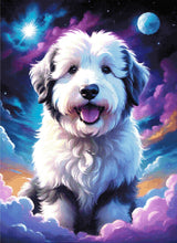 A Diamond Painting Rendering Of Fluffy Dog Sitting Amidst Colourful Clouds And A Starry Sky With A Moon In The Background. Size - 80cm X 110cm