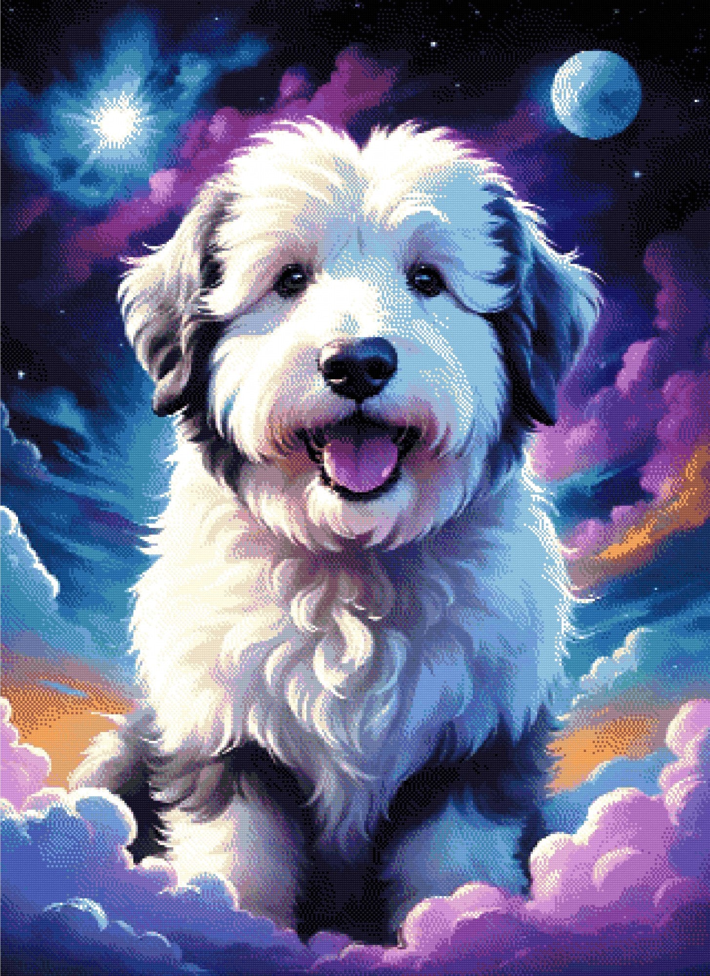 A Diamond Painting Rendering Of Fluffy Dog Sitting Amidst Colourful Clouds And A Starry Sky With A Moon In The Background. Size - 80cm X 110cm