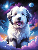 A Diamond Painting Rendering Of Fluffy Dog Sitting Amidst Colourful Clouds And A Starry Sky With A Moon In The Background. Size - 90cm X 120cm