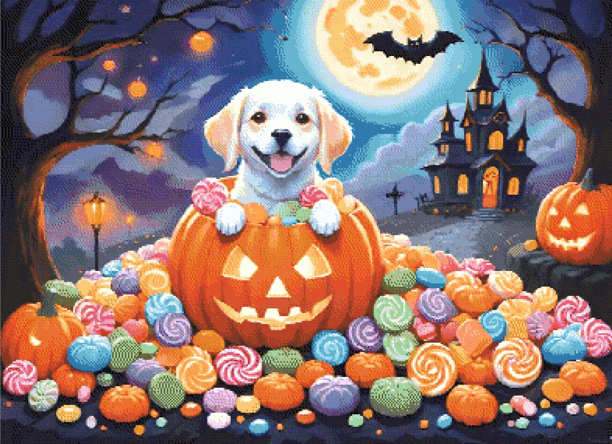 A Diamond Painting Rendering Of A Happy Puppy Sits Inside A Carved Pumpkin Surrounded By Colourful Candies, With A Spooky House And Full Moon In The Background. Size - 110cm X 80cm