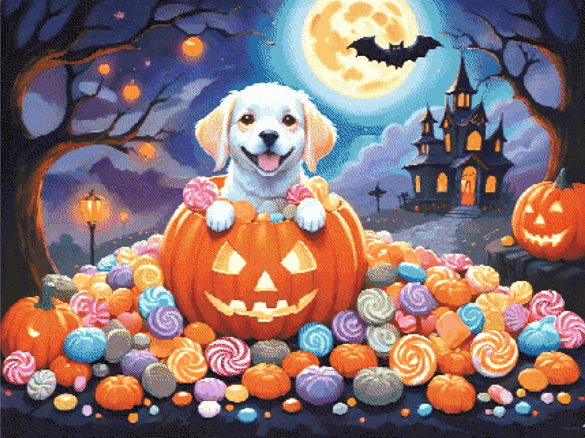 A Diamond Painting Rendering Of A Happy Puppy Sits Inside A Carved Pumpkin Surrounded By Colourful Candies, With A Spooky House And Full Moon In The Background. Size - 120cm X 90cm