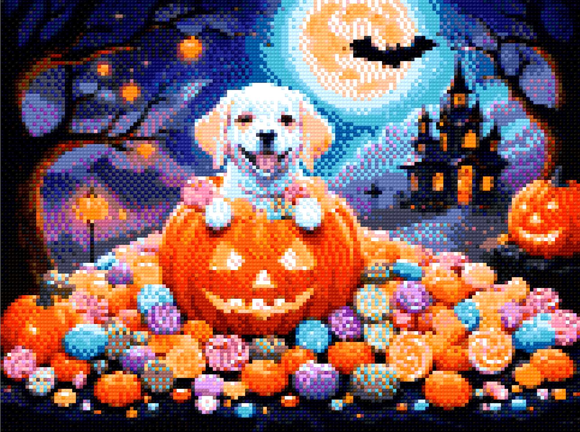 A Diamond Painting Rendering Of A Happy Puppy Sits Inside A Carved Pumpkin Surrounded By Colourful Candies, With A Spooky House And Full Moon In The Background. Size - 40cm X 30cm