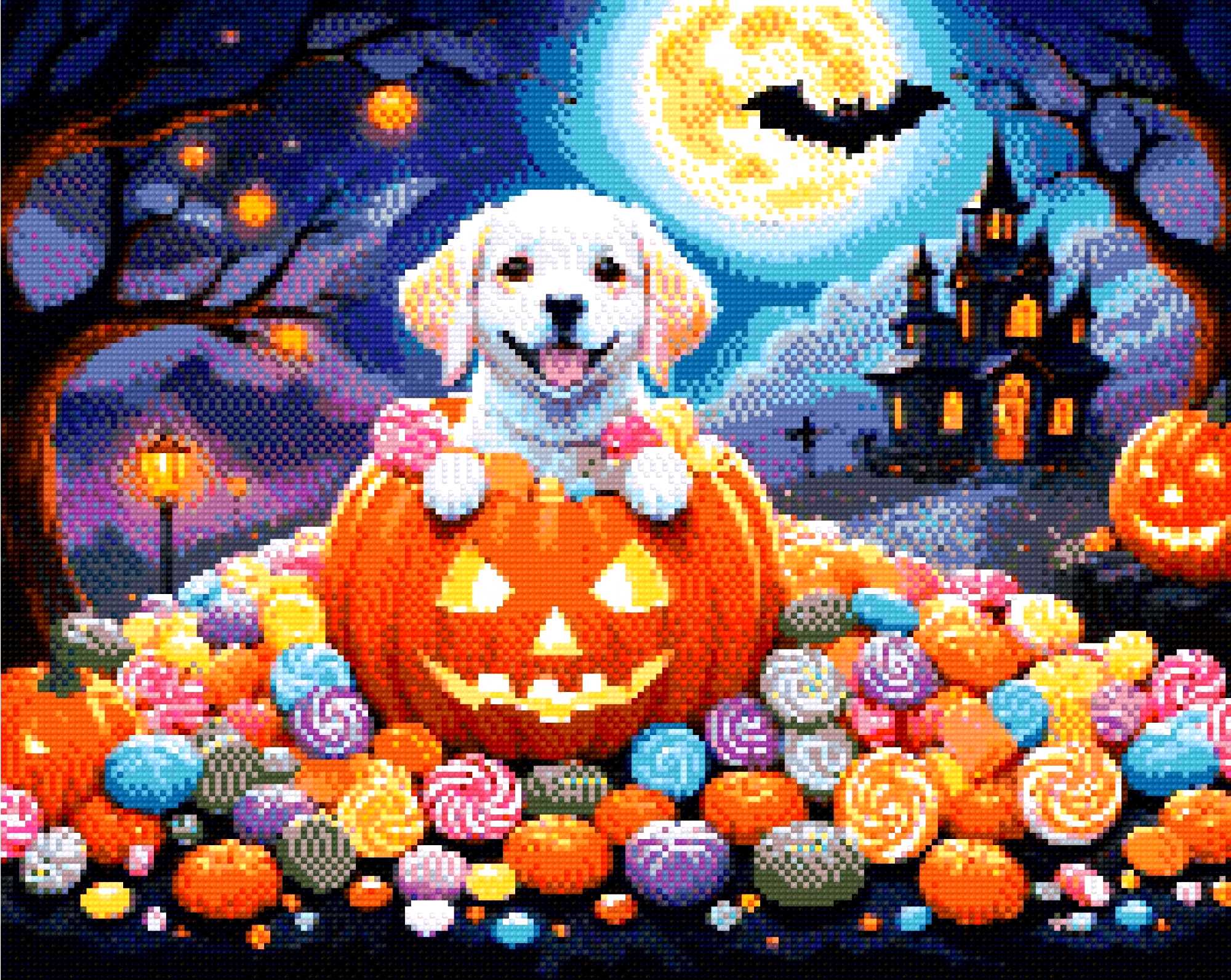 A Diamond Painting Rendering Of A Happy Puppy Sits Inside A Carved Pumpkin Surrounded By Colourful Candies, With A Spooky House And Full Moon In The Background. Size - 50cm X 40cm