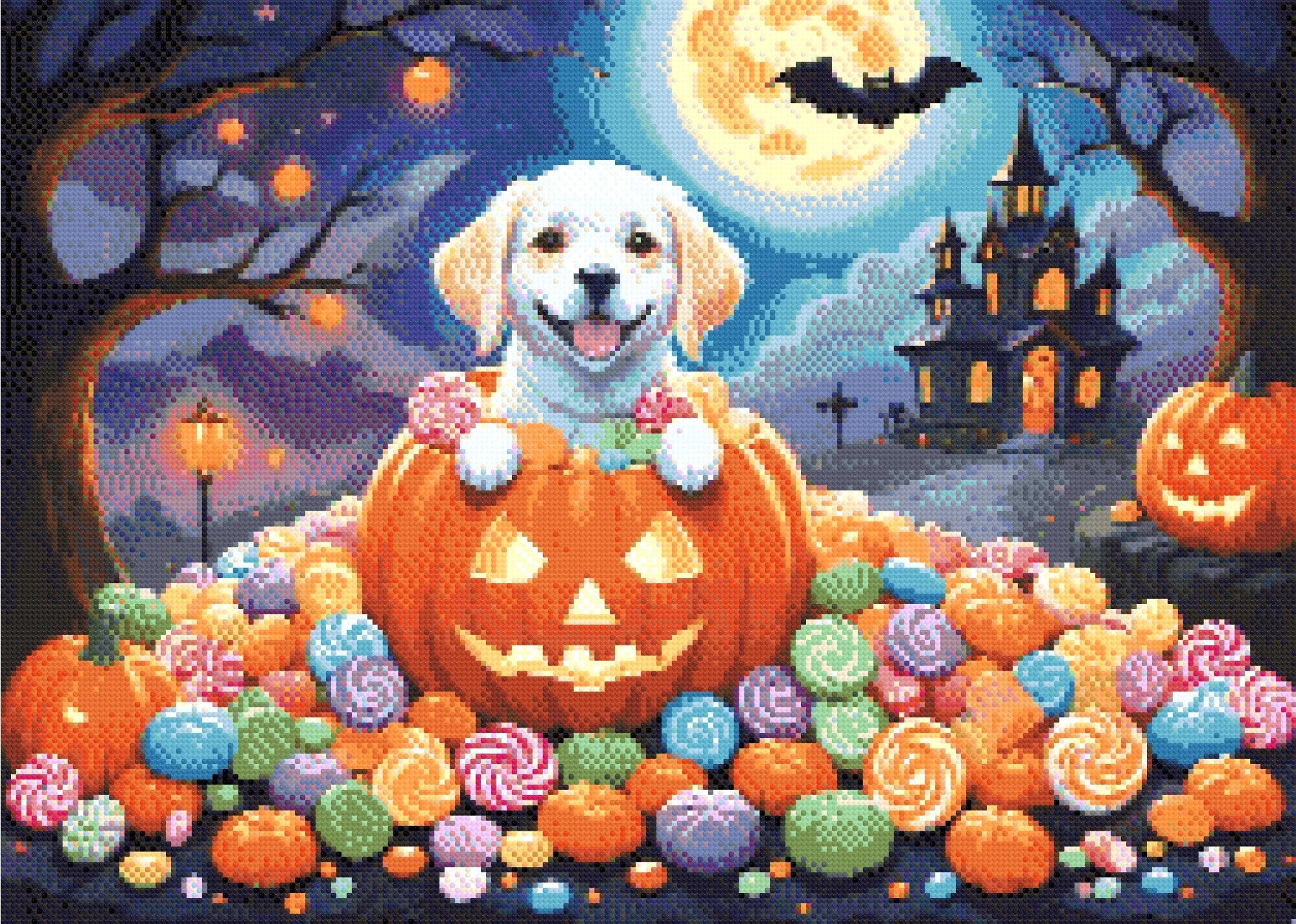 A Diamond Painting Rendering Of A Happy Puppy Sits Inside A Carved Pumpkin Surrounded By Colourful Candies, With A Spooky House And Full Moon In The Background. Size - 70cm X 50cm