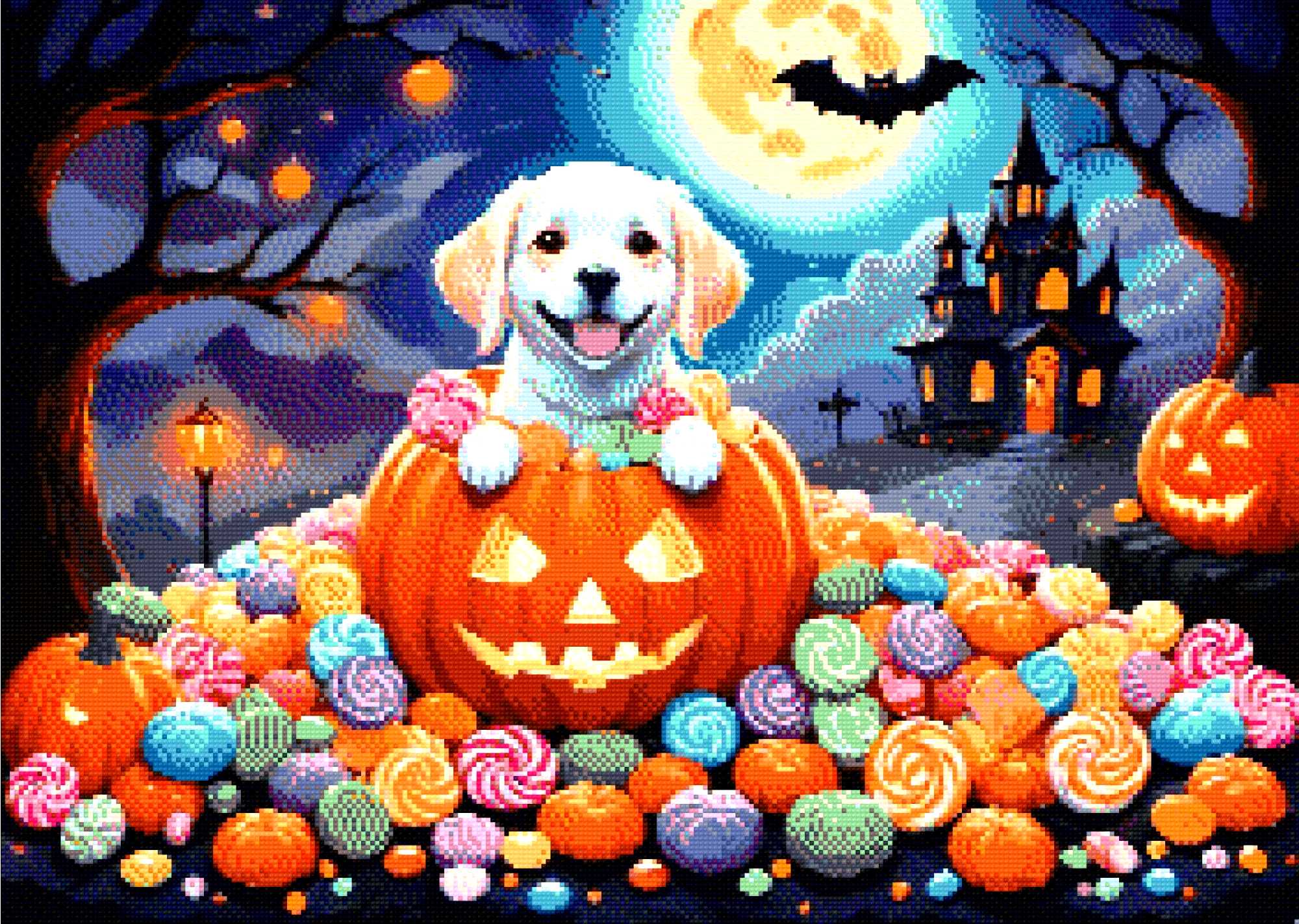 A Diamond Painting Rendering Of A Happy Puppy Sits Inside A Carved Pumpkin Surrounded By Colourful Candies, With A Spooky House And Full Moon In The Background. Size - 70cm X 50cm
