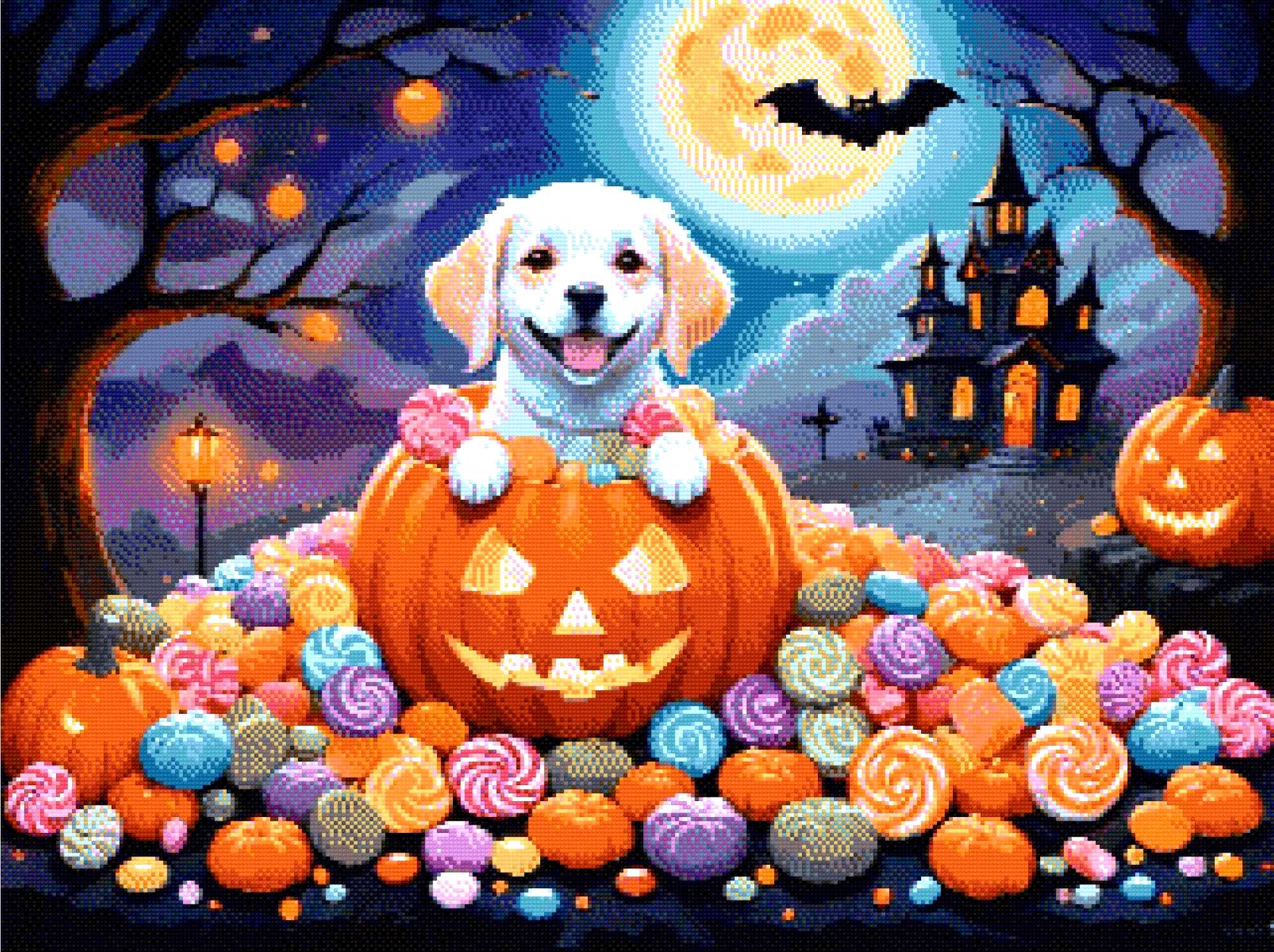 A Diamond Painting Rendering Of A Happy Puppy Sits Inside A Carved Pumpkin Surrounded By Colourful Candies, With A Spooky House And Full Moon In The Background. Size - 80cm X 60cm