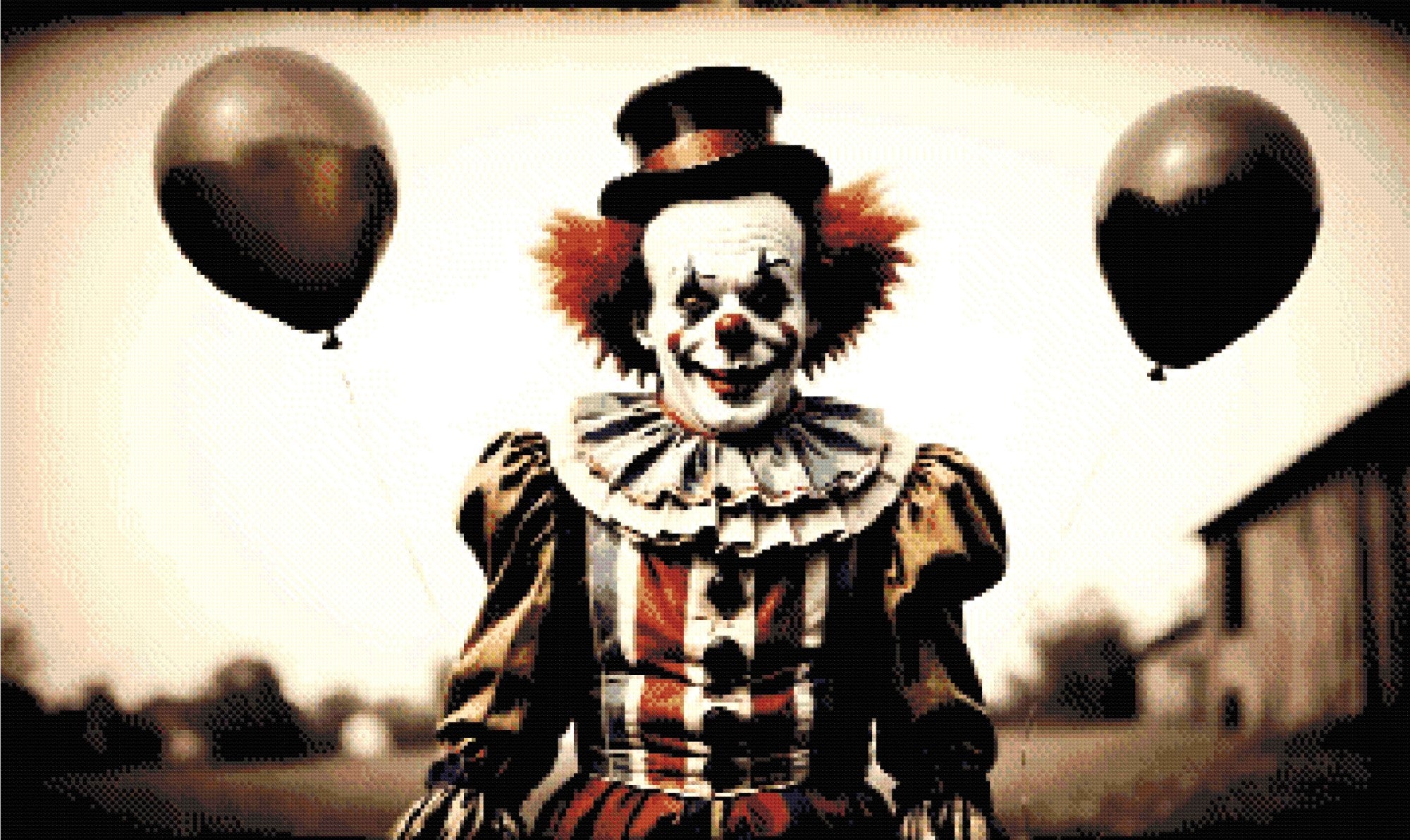 A Diamond Painting Rendering Of A Sinister Clown Holding Two Black Balloons, Standing Outdoors In A Vintage Costume, With A Faded Rural Background. Size - 100cm X 60cm