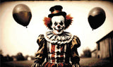 A Diamond Painting Rendering Of A Sinister Clown Holding Two Black Balloons, Standing Outdoors In A Vintage Costume, With A Faded Rural Background. Size - 100cm X 60cm