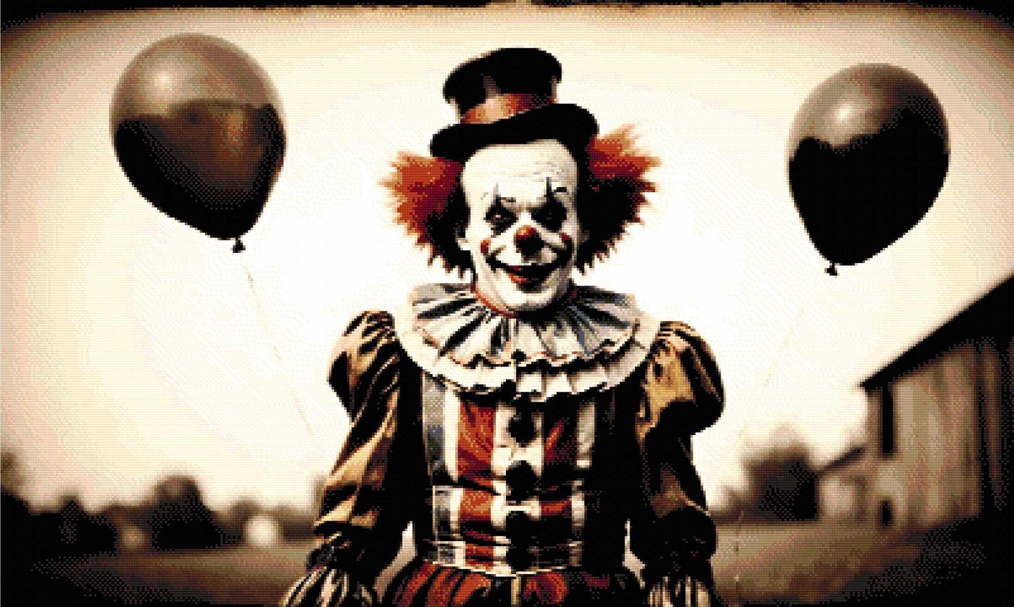A Diamond Painting Rendering Of A Sinister Clown Holding Two Black Balloons, Standing Outdoors In A Vintage Costume, With A Faded Rural Background. Size - 100cm X 60cm