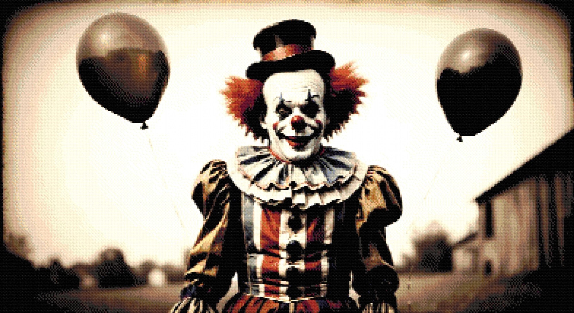 A Diamond Painting Rendering Of A Sinister Clown Holding Two Black Balloons, Standing Outdoors In A Vintage Costume, With A Faded Rural Background. Size - 110cm X 60cm
