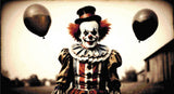 A Diamond Painting Rendering Of A Sinister Clown Holding Two Black Balloons, Standing Outdoors In A Vintage Costume, With A Faded Rural Background. Size - 110cm X 60cm