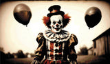 A Diamond Painting Rendering Of A Sinister Clown Holding Two Black Balloons, Standing Outdoors In A Vintage Costume, With A Faded Rural Background. Size - 120cm X 70cm