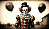 A Diamond Painting Rendering Of A Sinister Clown Holding Two Black Balloons, Standing Outdoors In A Vintage Costume, With A Faded Rural Background. Size - 50cm X 30cm