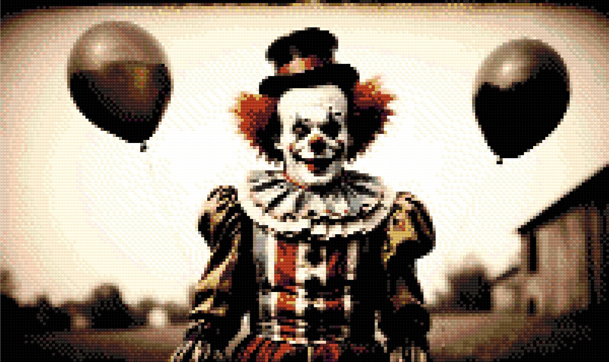 A Diamond Painting Rendering Of A Sinister Clown Holding Two Black Balloons, Standing Outdoors In A Vintage Costume, With A Faded Rural Background. Size - 50cm X 30cm