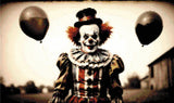 A Diamond Painting Rendering Of A Sinister Clown Holding Two Black Balloons, Standing Outdoors In A Vintage Costume, With A Faded Rural Background. Size - 50cm X 30cm