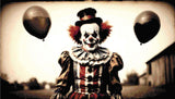 A Diamond Painting Rendering Of A Sinister Clown Holding Two Black Balloons, Standing Outdoors In A Vintage Costume, With A Faded Rural Background. Size - 70cm X 40cm