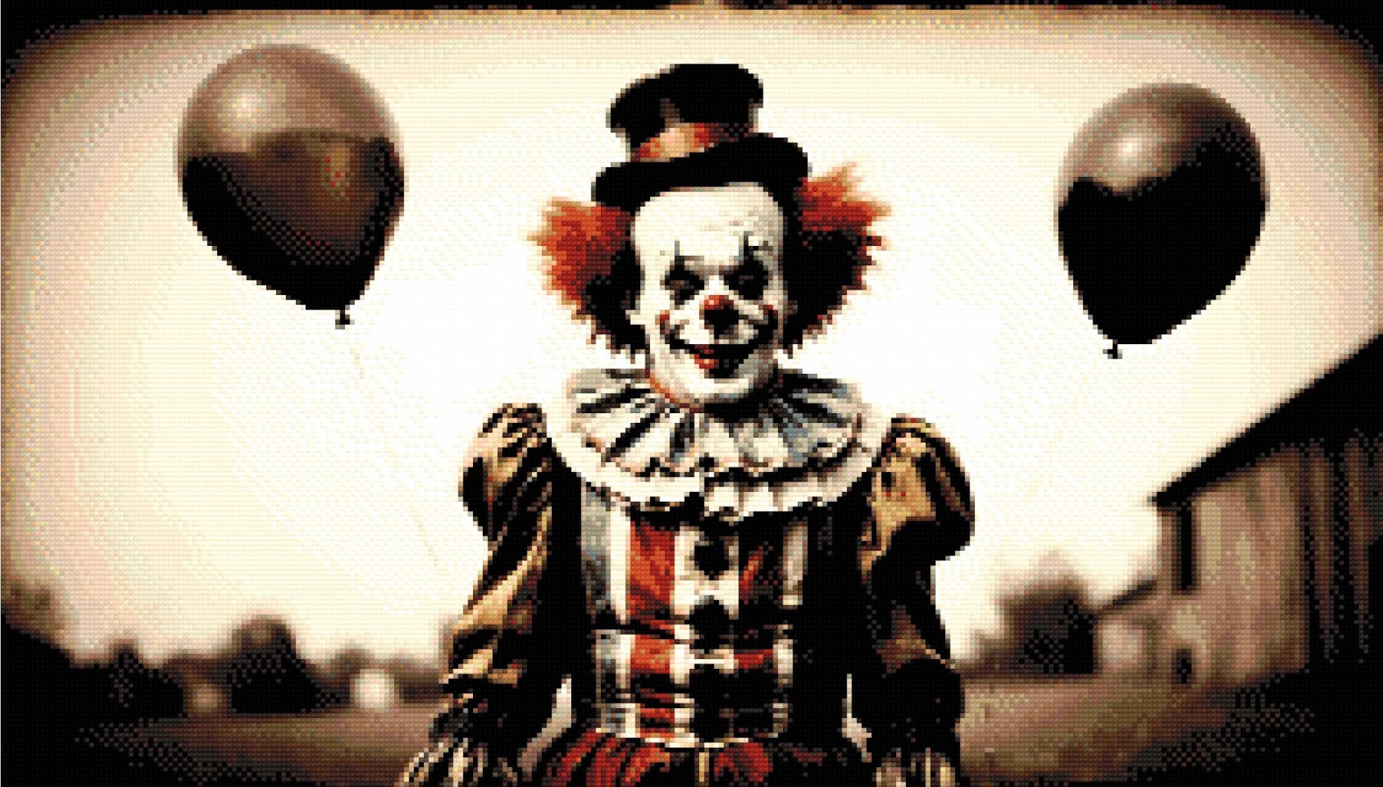 A Diamond Painting Rendering Of A Sinister Clown Holding Two Black Balloons, Standing Outdoors In A Vintage Costume, With A Faded Rural Background. Size - 70cm X 40cm