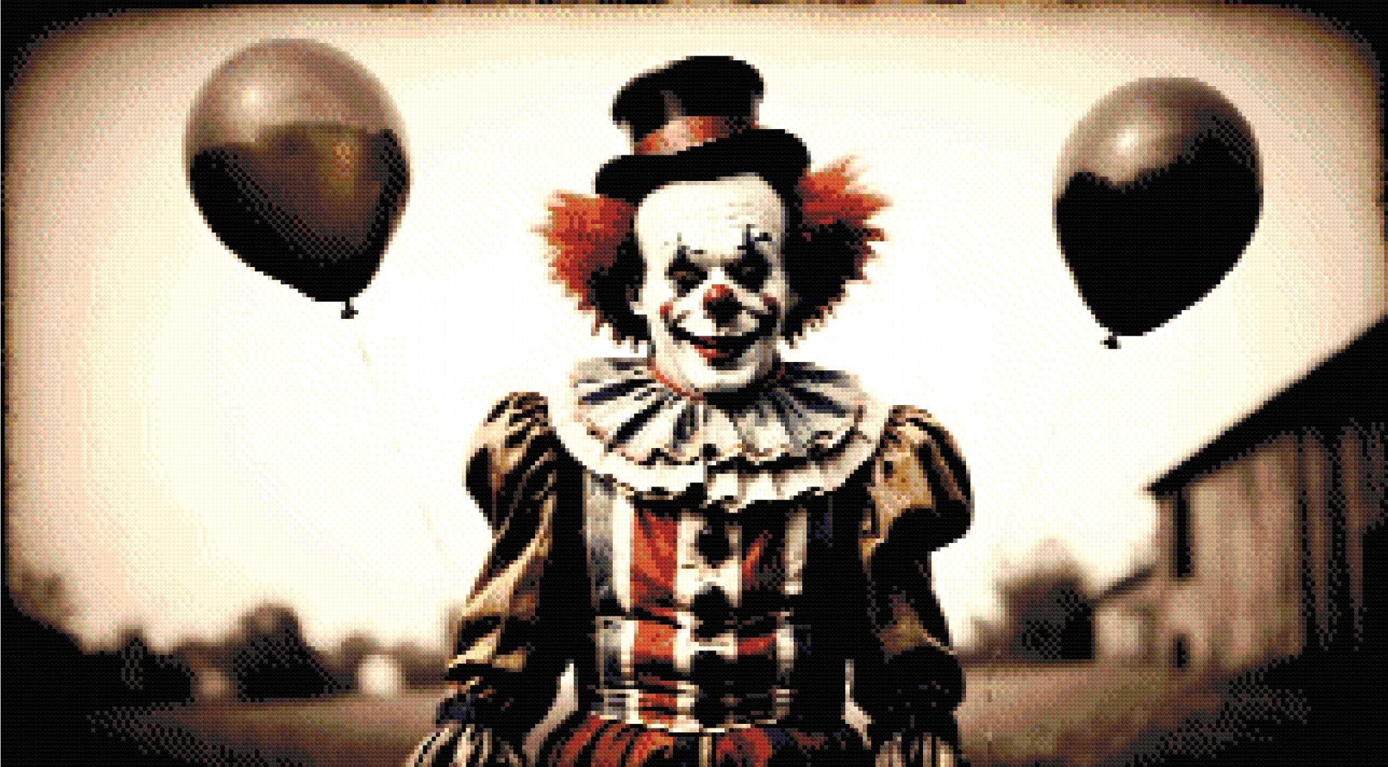 A Diamond Painting Rendering Of A Sinister Clown Holding Two Black Balloons, Standing Outdoors In A Vintage Costume, With A Faded Rural Background. Size - 90cm X 50cm