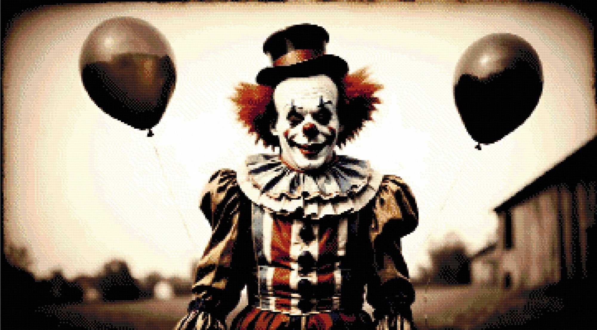 A Diamond Painting Rendering Of A Sinister Clown Holding Two Black Balloons, Standing Outdoors In A Vintage Costume, With A Faded Rural Background. Size - 90cm X 50cm