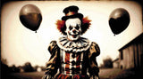A Diamond Painting Rendering Of A Sinister Clown Holding Two Black Balloons, Standing Outdoors In A Vintage Costume, With A Faded Rural Background. Size - 90cm X 50cm