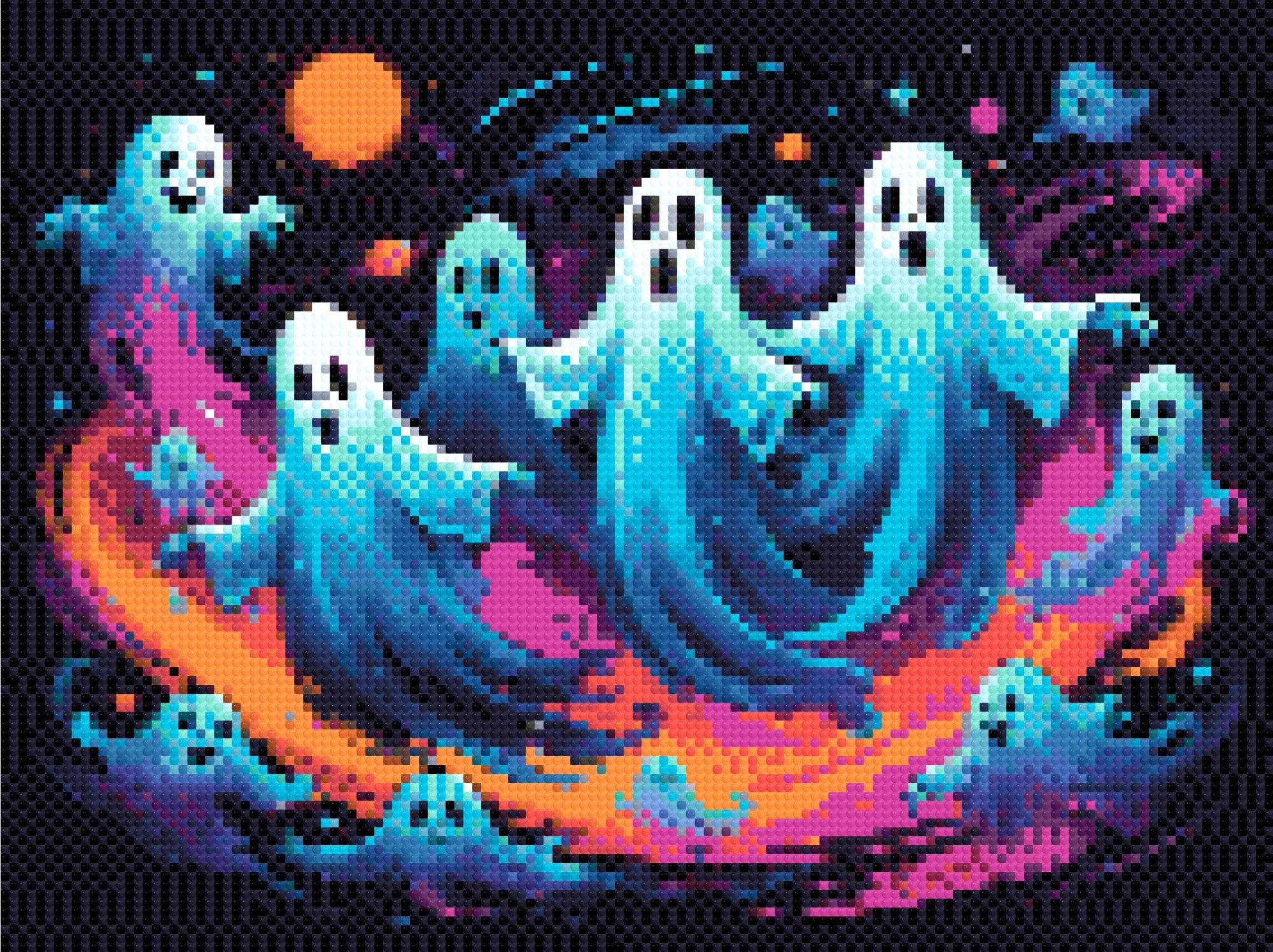 A Diamond Painting Rendering Of Joyful Ghosts Floating In A Colourful, Starry Galaxy With Swirling Hues Of Blue, Purple, And Orange. Size - 40cm X 30cm