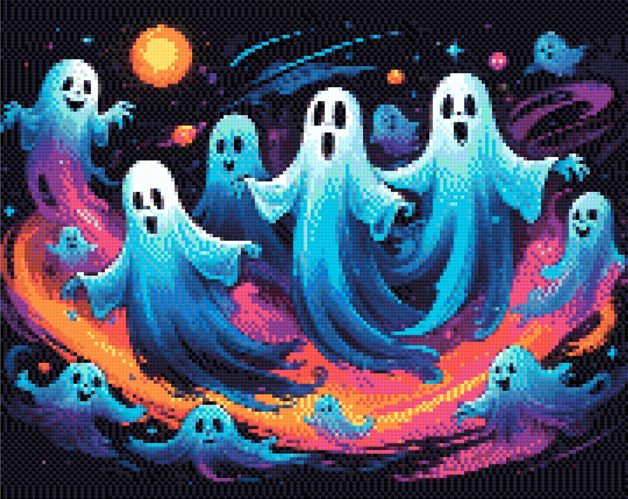 A Diamond Painting Rendering Of Joyful Ghosts Floating In A Colourful, Starry Galaxy With Swirling Hues Of Blue, Purple, And Orange. Size - 50cm X 40cm