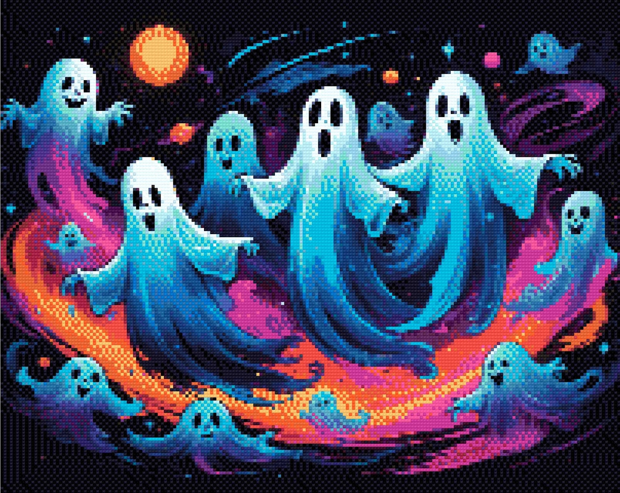 A Diamond Painting Rendering Of Joyful Ghosts Floating In A Colourful, Starry Galaxy With Swirling Hues Of Blue, Purple, And Orange. Size - 50cm X 40cm