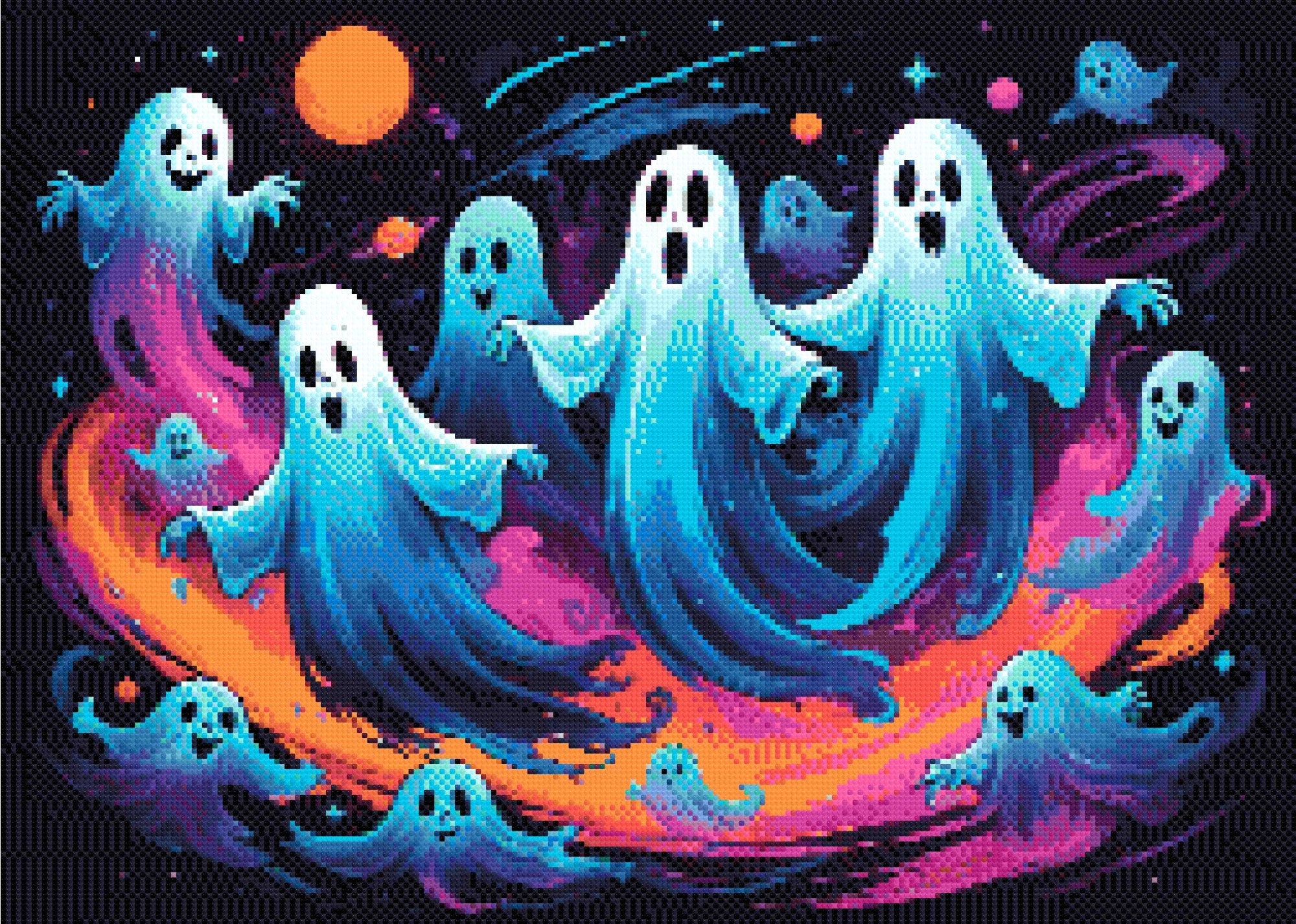 A Diamond Painting Rendering Of Joyful Ghosts Floating In A Colourful, Starry Galaxy With Swirling Hues Of Blue, Purple, And Orange. Size - 70cm X 50cm