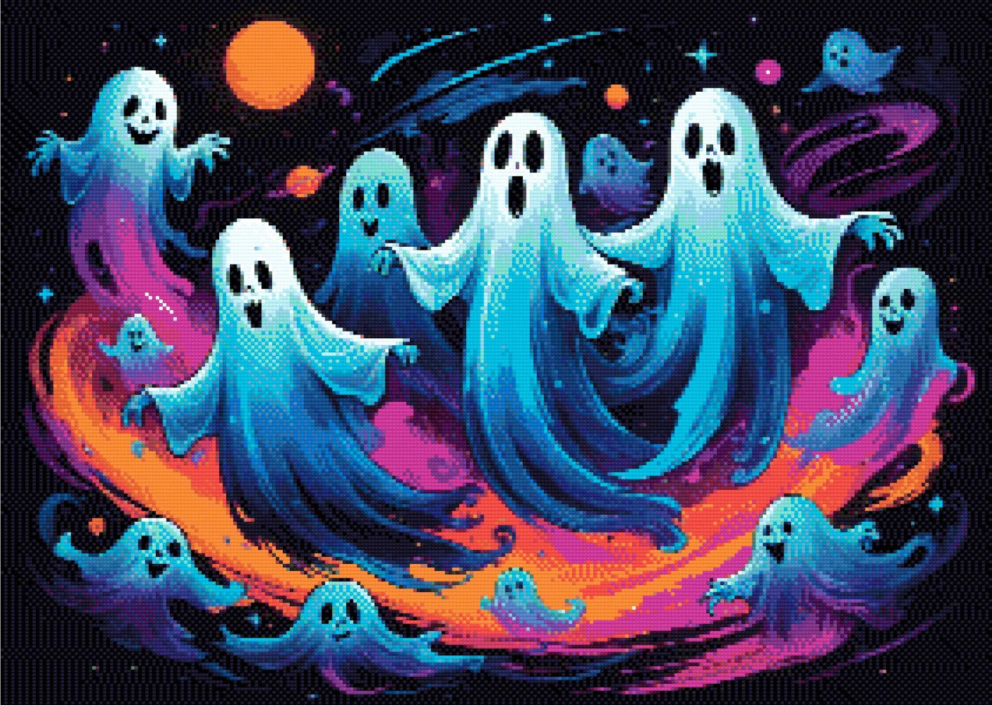 A Diamond Painting Rendering Of Joyful Ghosts Floating In A Colourful, Starry Galaxy With Swirling Hues Of Blue, Purple, And Orange. Size - 70cm X 50cm